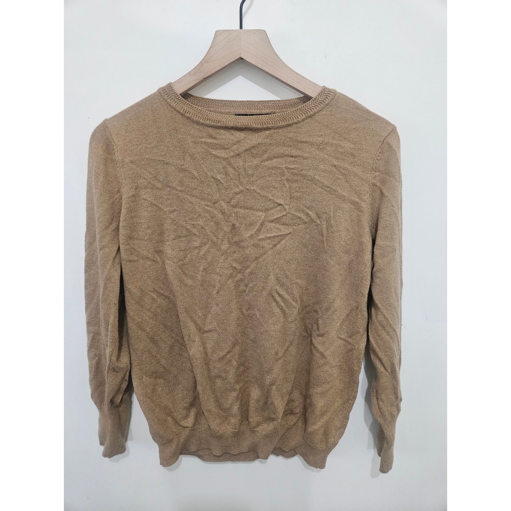 Ellos Women Tan Camel Crew Neck Sweater Button Cuff Detail Size S 10/12 56-1266-